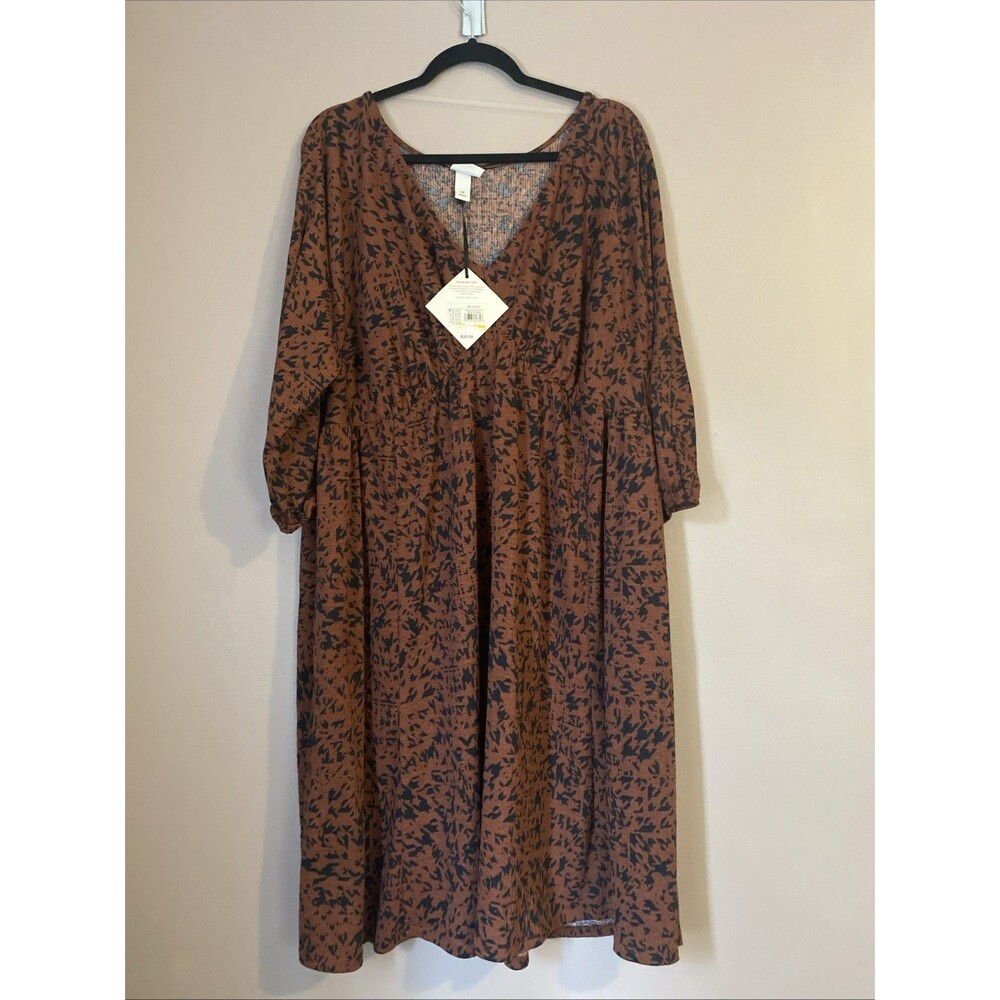 Ava & Viv Women' Dolman 3/4 Sleeve Knit Empire Waist Dress Brown Houndstooth 2X - Picture 2 of 5